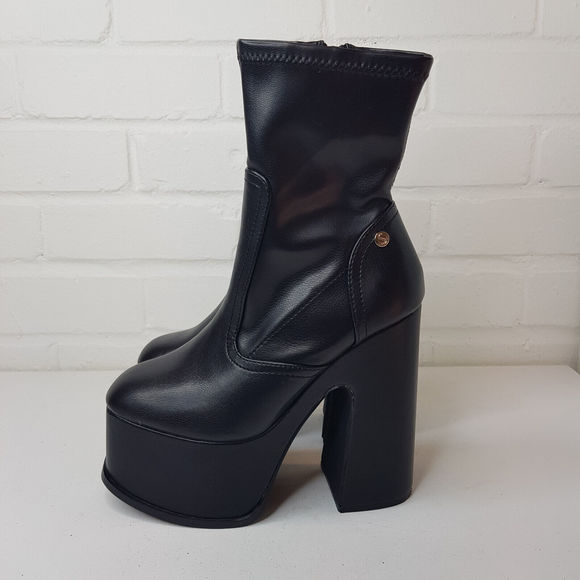Shellys Nova Platform Boots EU 38 UK 5 Black Sock Vegan PU Party Statement BN - Picture 2 of 15